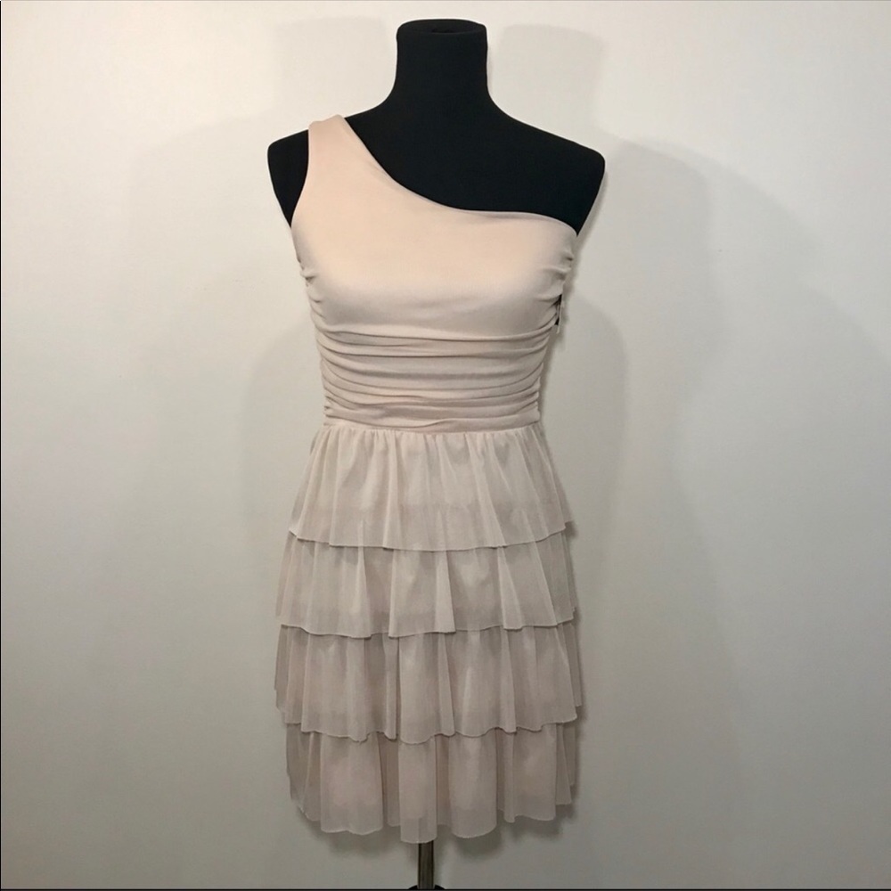 Y2K NEW Mesh Tulle One Shoulder Champagne Cocktail Dress Tiered Ruffles Small